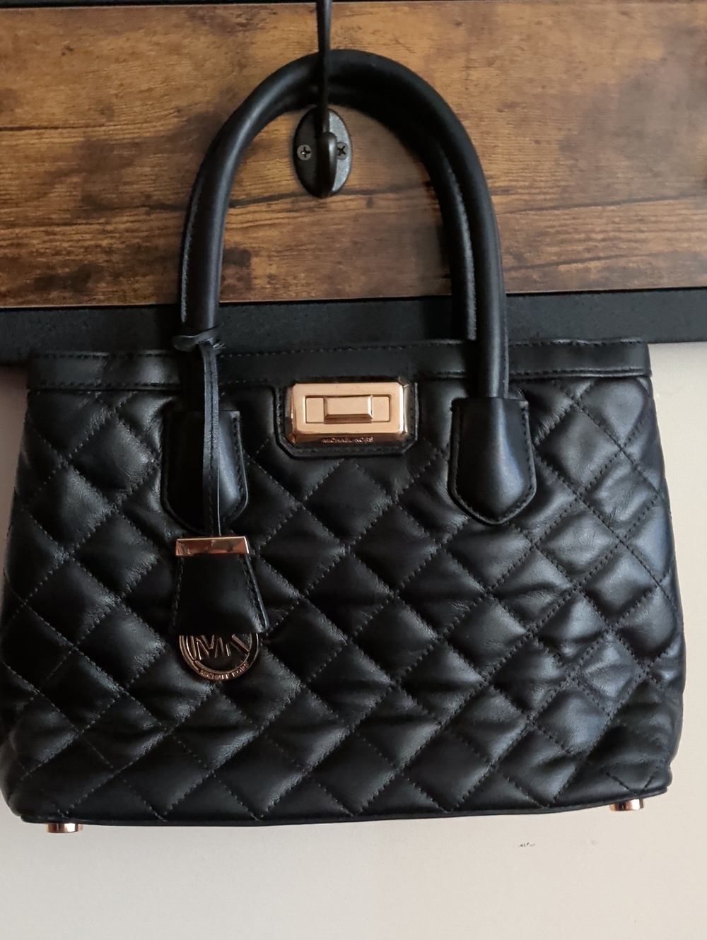 Quilted Black Top-Handle Satchel with Gold Accents